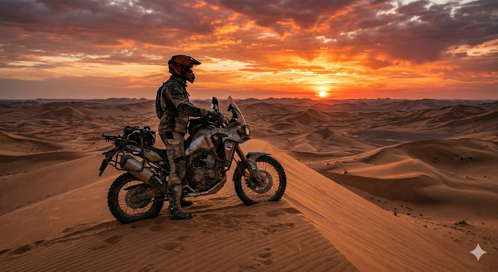 Adventure motorbike on sand dune at sunset